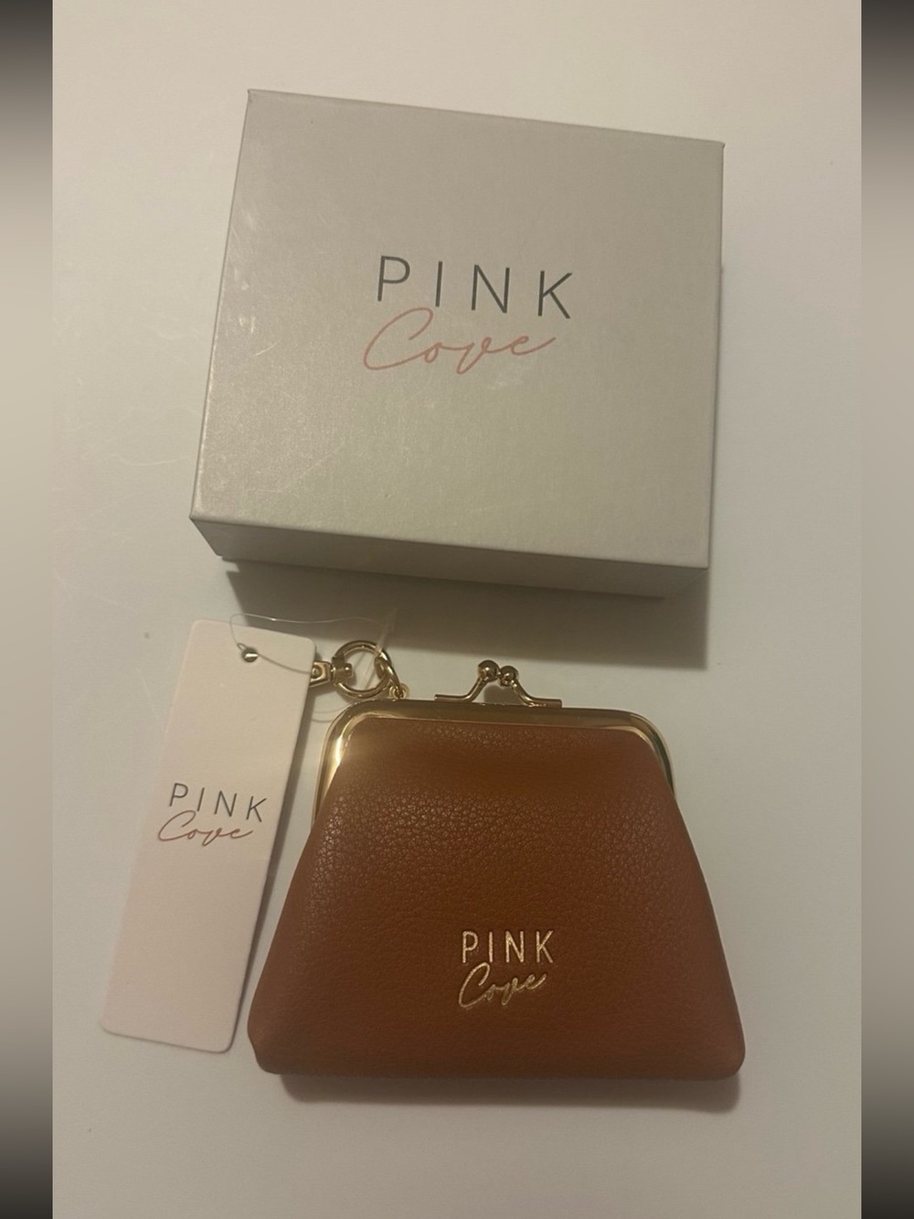 Pink Cove Brown Leather Kiss-Lock Coin Purse with Gold Hardware